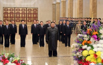 The beloved Supreme Master Kim Jong- un visited the Geumsusan Sun Palace with the members of the Political Bureau of the Central Committee of the Korean Workers' Party on the occasion of the nation's largest inclined Gwangmyeong Shrine. - Image